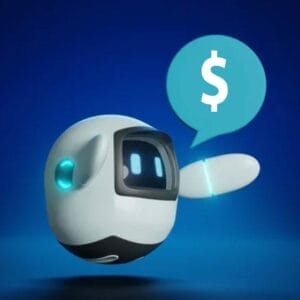 A robot with a small, spherical body and a screen for a face extends an arm while a speech bubble with a dollar sign floats nearby, set against a blue background.